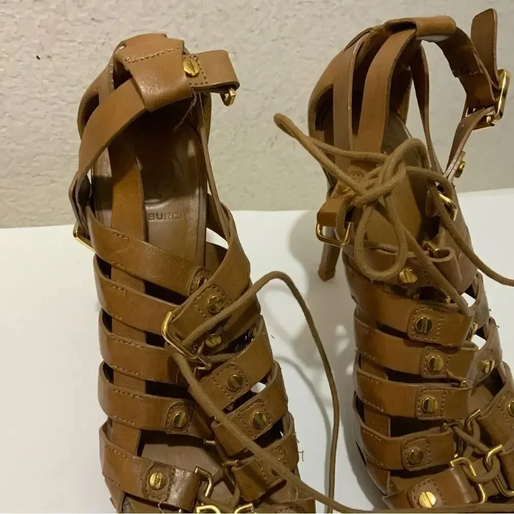 Tory Burch Gladiator Lace Up studded gold platform sandals Tan size 7.5 M